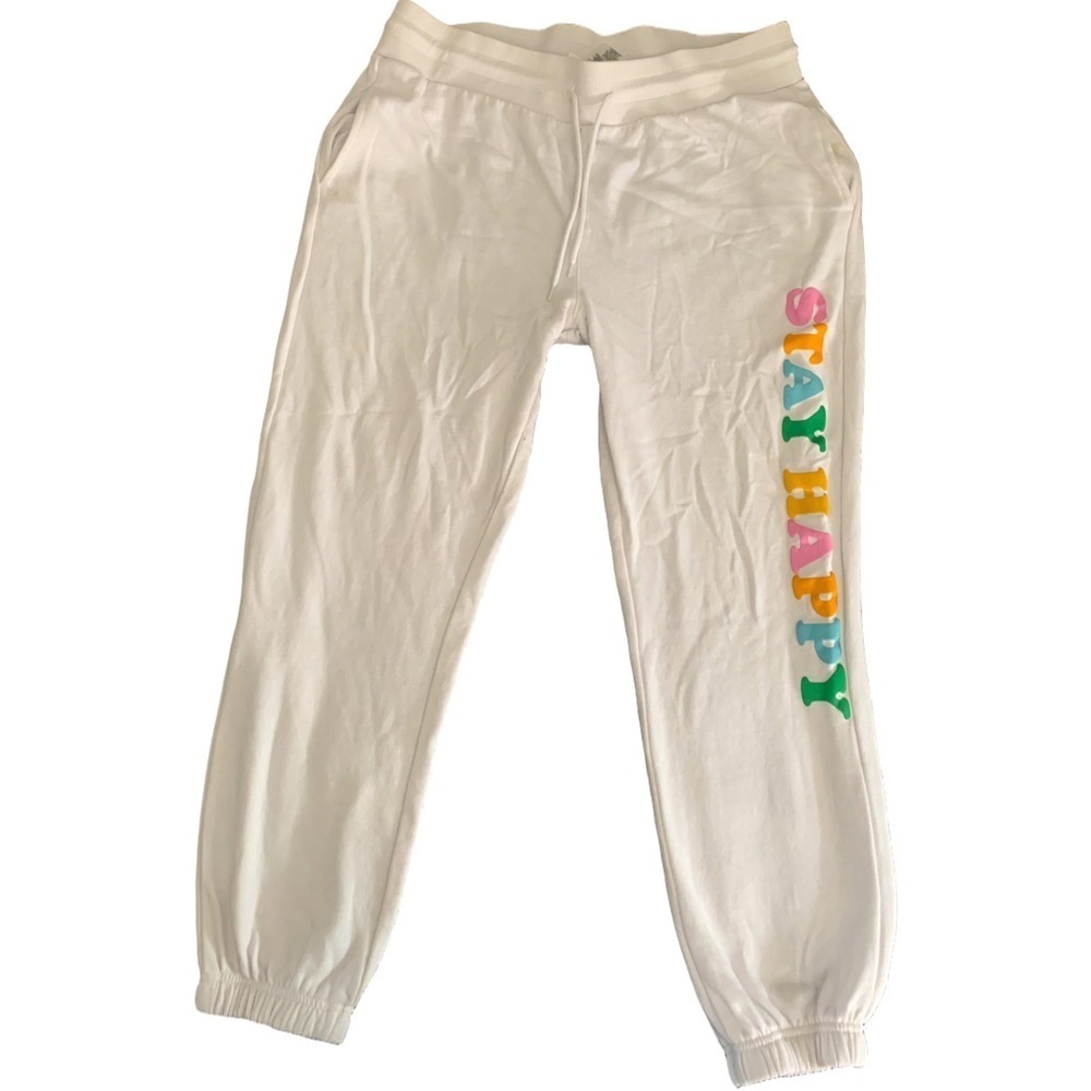 Stay Happy White Fleece Joggers